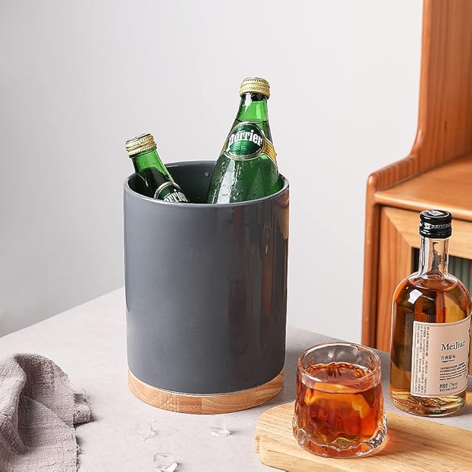 Sweejar Kitchen Utensil Holder with Wooden Bottom, 8.2" Ceramic Utensil Crock to Hold Spatulas for Cooking Countertop, Housewarming, Wedding, Birthday Gift (Gray)