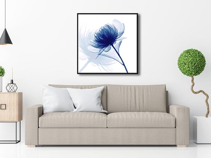 Pyradecor Large Black Framed Wall Art Blue Flickering Flower Grace Floral Pictures on Canvas Prints One Panel Artwork for Bedroom Office Home Decorations