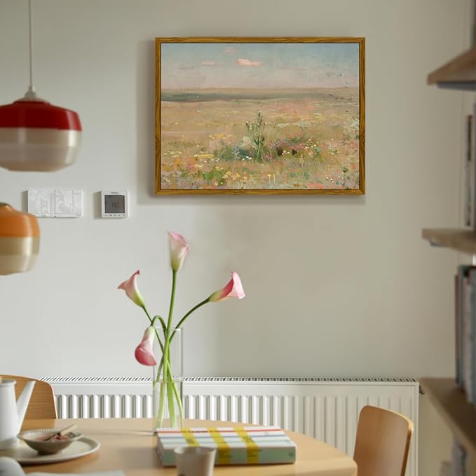 crmotu Vintage Framed Wall Art, Meadow Landscape Canvas Prints, Wildness Scenery Nature Wall Decor Pictures, Watercolor Aesthetic Wall Paintings for Living Room Bedroom Kitchen Artwork 12x16in