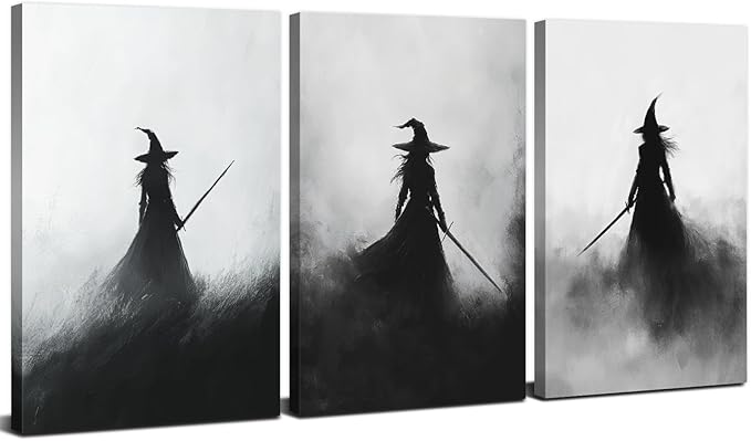 Vintage Witch Canvas Wall Art Halloween Pictures Black and White Living Room Wall Decor Dark Gothic Witches Paintings Witchy Home Decorations Spooky Posters Prints Artwork for Bedroom 12x16" 3Pcs