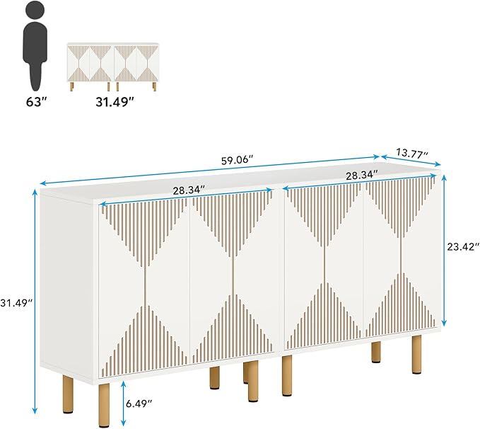 Tribesigns Modern White Storage Cabinet Set, Freestanding Floor Cabinet, Classic 59 inches Sideboard, Wood Buffet Cabinet with Doors, Large Storage Cabinet for Living Room, Dining Room, Garage