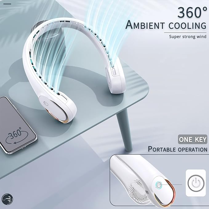 Portable Neck Fan, Bladeless Neck Fan, USB Rechargeable Personal Fan, 4000 mAh Battery Operated Fan, 3 Speeds Adjustable,Faster Cooling, Ultra Quiet, Suitable for Home, Office, Sports