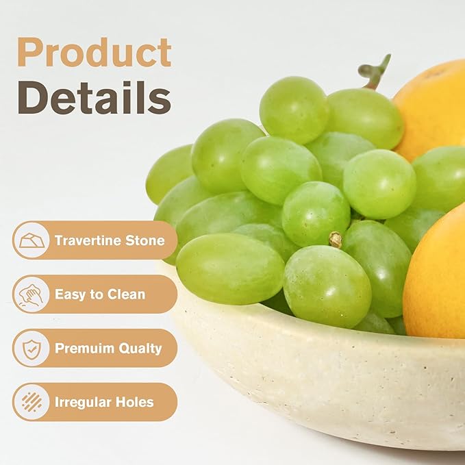 Travertine Decorative Bowl Serving Tray, 7.8" Natural Stone Centerpiece for Dining Table, Round Ottoman Decor, Housewarming Gifts Key Bowl for Entryway Table New Home Apartment Must Haves Essentials