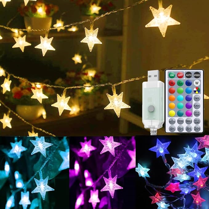Solhice 40ft Color Changing Star String Lights for Bedroom 120 LEDs, Indoor Fairy Lights USB Powered with Remote, Hanging Bunk Bed Lights for Kids Room, Starry Lights for Dorm Decor