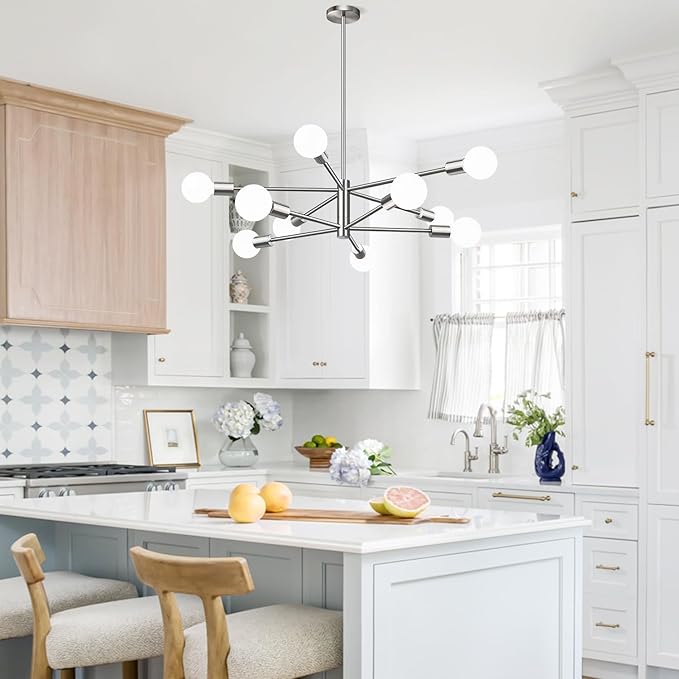 Sputnik Chandeliers Dining Room Light Fixture (10-Light, 33-Inch), Modern Nickel Chandelier, Height Adjustable Mid Century Modern Chandeliers for Living Room Entryway Hallway