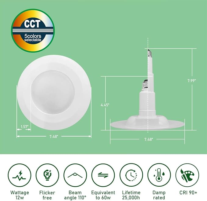 Soliseed 4-Pack 5/6 Inch 5CCT Retrofit LED Recessed Lighting,Selectable 2700K/3000K/3500K/4000K/5000K Adjustable Retrofit Downlight,12W=60W,800LM,Dimmable Can Lights,Bevel Trim