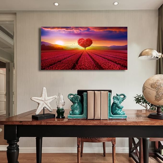 Tree of Life Wall Art Canvas Prints Natural Landscape Pictures Home Decor Red Heart Tree Paintings for Living Room Bathroom Bedroom Kitchen Decorations 20x40 Wooden Framed Artwork Easy Hanging
