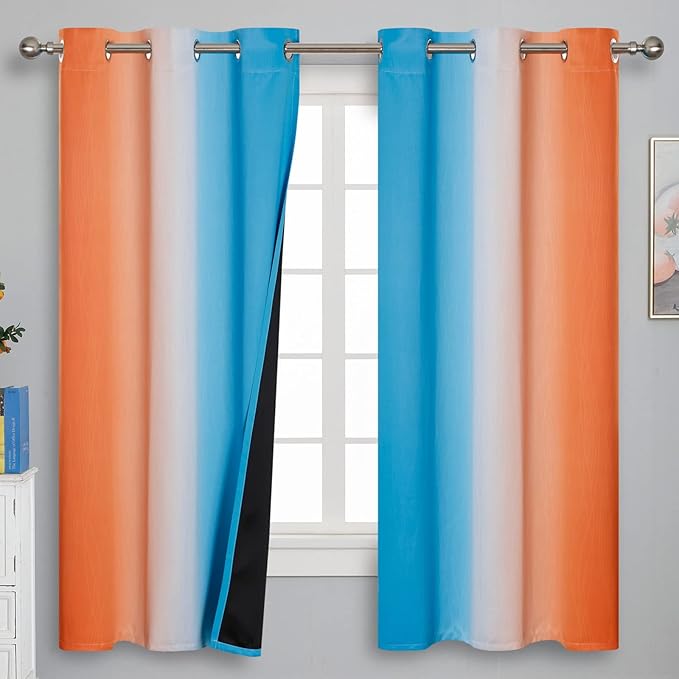Ombre Orange and Blue Curtains 63 Inch Length 2 panels, Total Blackout Curtains for Bedroom, Grommet Thermal Insulated Gradient Drapes, Full Light Blocking Curtains for Boys Room, 42x63 Inch