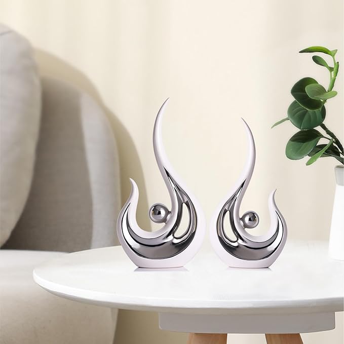 LCCCK White Silver Abstract Figurine Statues for Home Decor – Modern Ceramic Sculpture Accent, Decorative Statues for Living Room, Shelf, TV Stand, Office or Coffee Table Centerpiece Art Decoration
