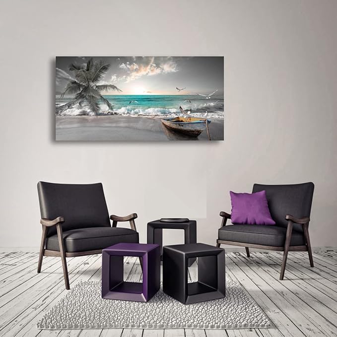 Beach Sea Wave Pictures Canvas Wall Art For Living Room Bedroom Wall Decor,Sea Wave Wall Art Print Paitnings For Home Decor,Morden Artwork Palm Boat Canvas Art Waterproof Ready To Hang-28x57 Inches
