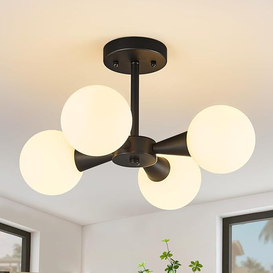 Modern Ceiling Light with Milk White Glass lampshade Black Semi Flush Mount Ceiling Light Fixture Sputnik Chandelier for Bedroom Living Room Dining Room Foyer Hallway(4-Lights)