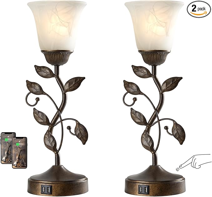 RORIANO Set of 2 Touch Farmhouse Bedroom Table Lamps, Nightstand Vintage Flower Lamps with 2 USB Ports, 3 Way Dimmable Leaf Lamp for Living Room with White Glass Shades, Bulbs Included