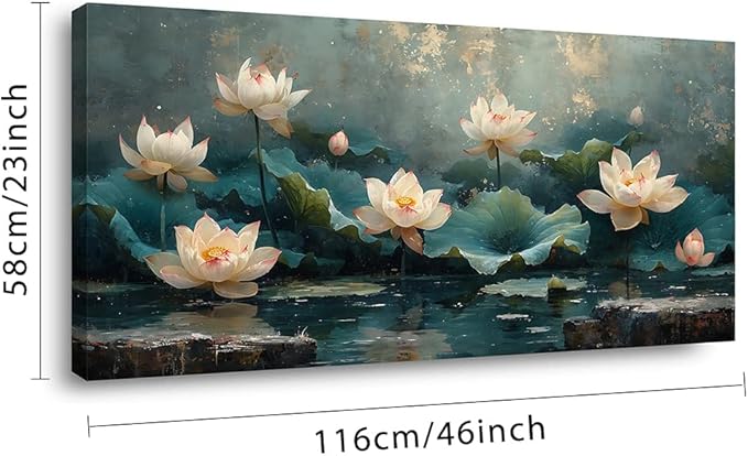 ZESTFLICKR Wall art of lotus pond, canvas decoration, used for religious yoga rooms and cicada-themed spaces, home and living room decoration, gifts, hand-painted works, masterpieces. (23x46inch)