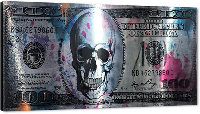Office Decor Wall Art Canvas Dollar Skull Modern Art Canvas Poster Prints Creative Money 100 Picture Wall Decor Painting Artwork for Home Walls for Living Room Bedroom Framed Ready to Hang-32 Wx16 H