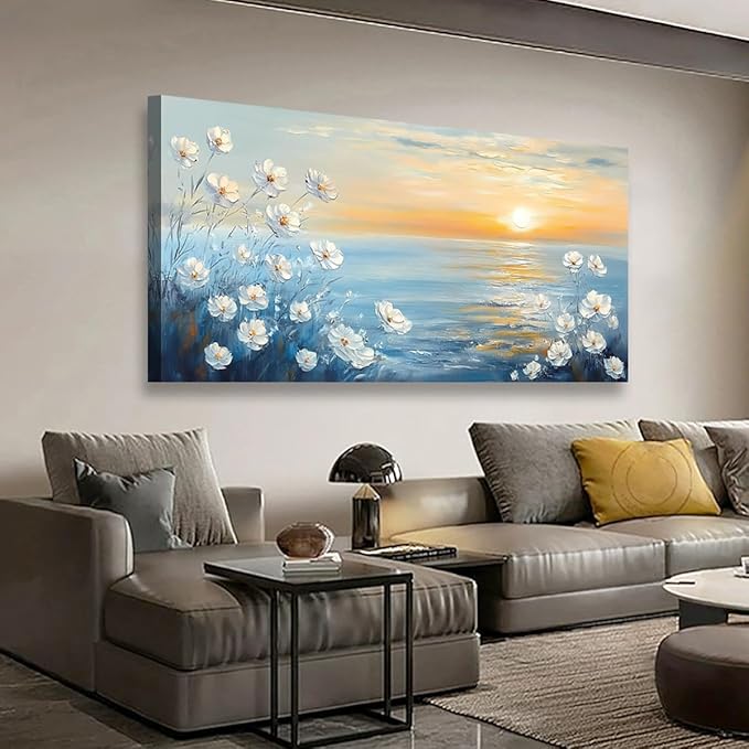 Seascape Pictures Canvas Wall Art for Living room Office Bedroom Wall Decor, Natural Landscape Wall Art Print Modern Noble White Flower Oil Painting Artwork Waterproof Ready to Hang-20x40inch