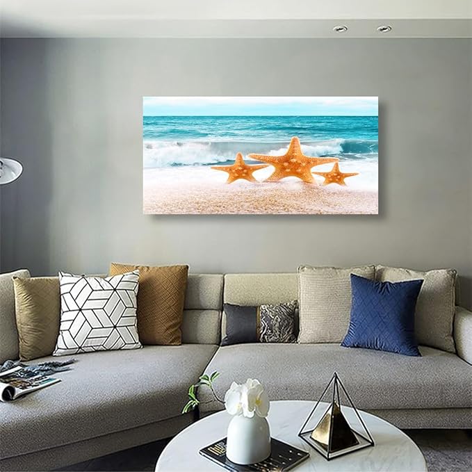 Beach Canvas Wall Art for Living room Office Bedroom Ocean Wall Art Print Oil Paintings Modern Sea Waves Starfish Pictures Blue Wall Decor Artwork Waterproof Ready to Hang - 20in * 40inch