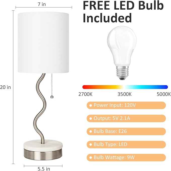 Marble Base Table Lamp - Modern Bedside Lamp with USB Port & Pull Chain, Lamp for Bedroom, Living Room, or Office - Elegant Marble and Metal Design