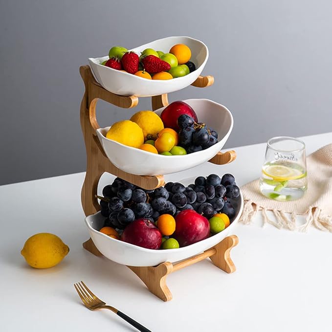 3 Tier Ceramic Fruit Bowl With Bamboo Wood Stand for Kitchen Counter,Porcelain Fruit Basket for Vegetable Storage,Snack Dessert Cake Tray Plate Rack for Party Wedding - White