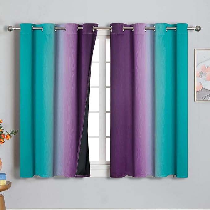 Estelar Textiler Ombre Teal and Purple Blackout Curtains 45 Inch Length 2 panels, Grommet Thermal Insulated Gradient Drapes for Kids Room, Full Light Blocking Blackout Curtains for Bedroom, 52x45 Inch