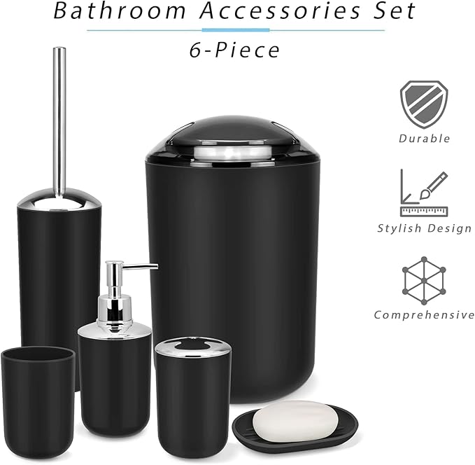IMAVO Bathroom Accessories Set,Black Bathroom Set,7 Pieces Bathroom Accessory Set,Tray,Toilet Brush,Trash Can for Bathroom Décor and Housewarming Gifts