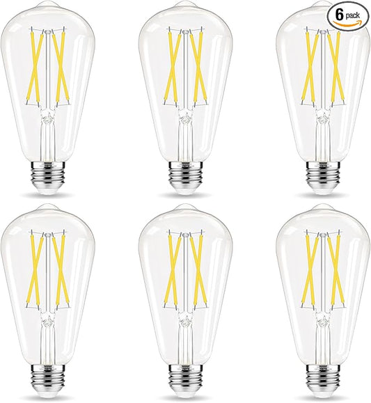 LED Edison Bulbs, E26 Bulb 60 watt Equivalent, Non-Dimmable, Cool White 4000K, ST58 Vintage Light Bulbs, 90+ CRI, 6W 600LM, E26 Medium Base, Clear Glass, 6 Pack