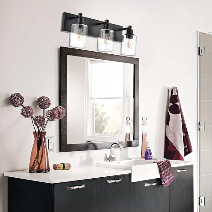 Industrial Wall Sconce Lighting in Matte Black Finish, 3-Light Bathroom Vanity Light Fixtures with Clear Glass Shades (E26 Bulb Base)