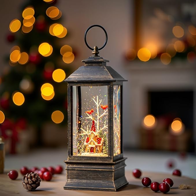 Christmas Snow Globe Lantern Water Glittering Cardinal & Church with Music & Timer, USB Lined/Battery Operated Lighted Lantern for Christmas Festival Decoration Gifts