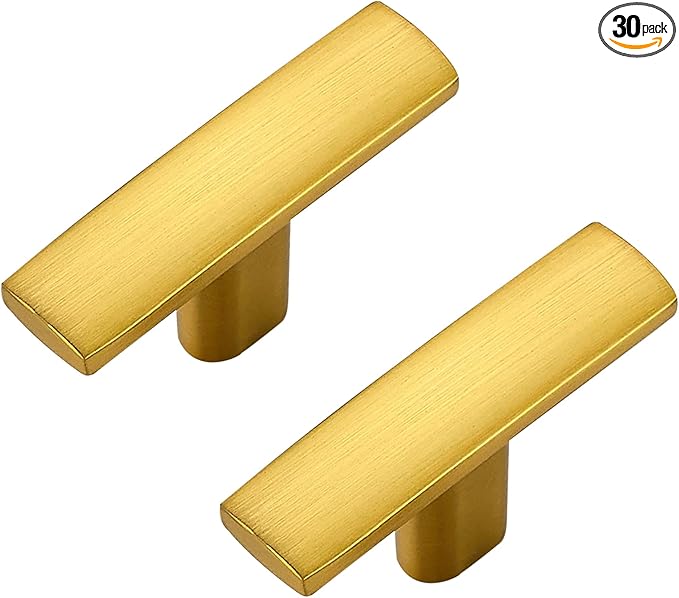 30 Pack Gold Cabinet Knobs - Curved Cabinet Pulls Brushed Brass Knobs for Kitchen Drawer Solid Dresser Pulls for Kitchen Hardware 1-3/4in Length Single Hole