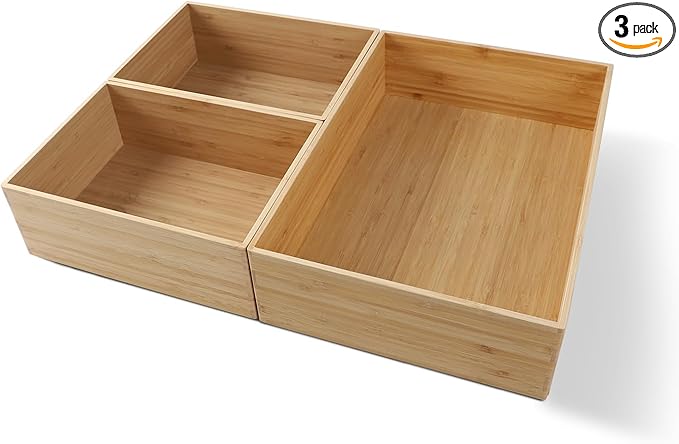 3-Piece Large Bamboo Storage Box Set, 3.1 in High Stackable Deep-Drawer Organizer for Kitchen Cutlery, Cookware, Utensils & Knives, Exquisite Durable Lidless Wooden Bin (14.6"x10.2"*1+10.2"x7.3"*2)
