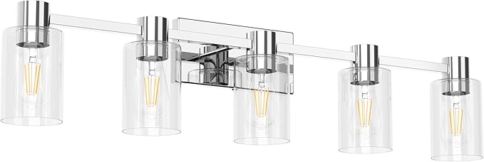 5-Light Modern Vanity Light Fixtures Over Mirror, Chrome Bathroom Light Fixtures, Vanity Lights, Wall Sconce with Clear Glass Shade for Bathroom, E26 Base
