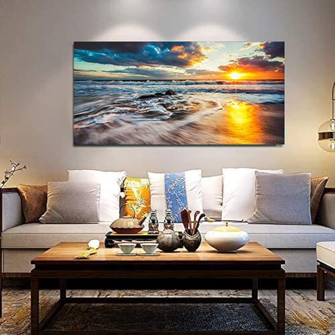 Yxbhhym-Large Ocean Wall Art for Living Room Canvas Beach Painting Sunrise Print Art Sunset Seascape Wall Pictures Yellow Sea Waves Poster Decoration Office Kitchen Wall Décor Bedroom Accessories