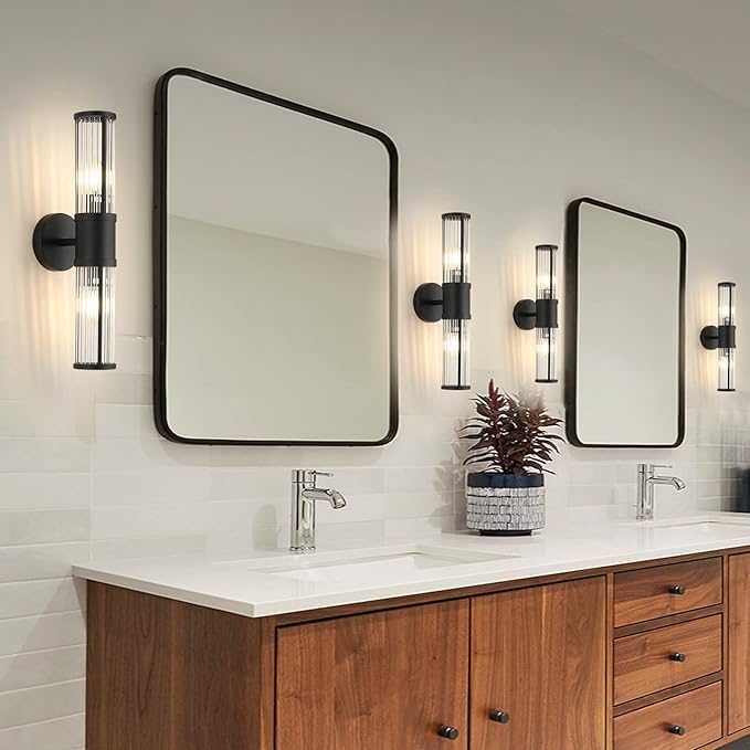 Bathroom Light Fixtures 2-Light Matte Black Bathroom Vanity Light Modern Wall Lights for Bedroom Bath Mirror Lights with Glass Rods Shades for Mirror Bedroom Hallway