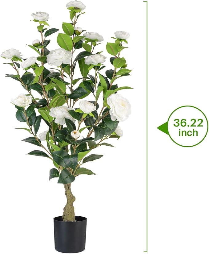 Artificial Camellia Tree 2 Pack, 3FT Faux Camellia Plant in Pot, 36 inch Fake Potted Camellia Flower Tree Plastic Camellia Tree for Modern Home Office Living Room Floor Decor Indoor, White