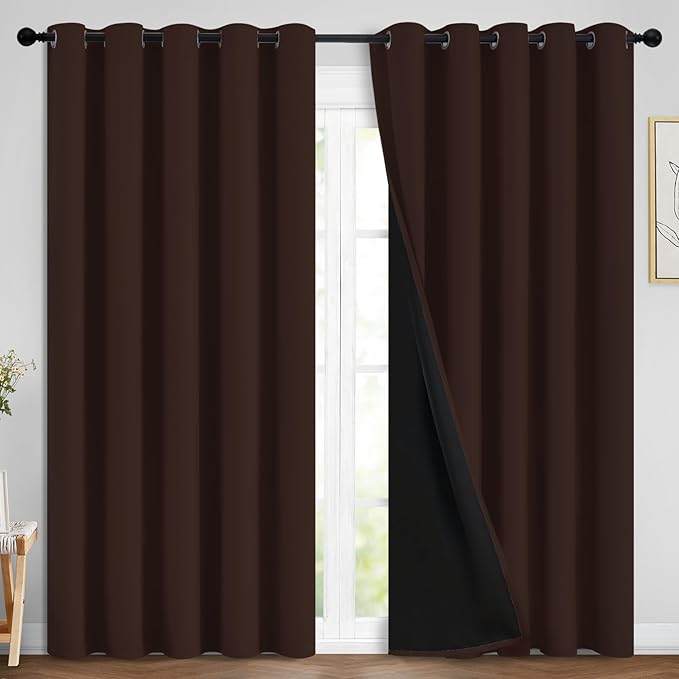 Yakamok 100% Blackout Curtains for Bedroom, 2 Thick Layers Thermal Insulated Grommet Total Blackout Drapes with Black Liner for Living Room (70Wx84L,Chocolate Brown, 2 Panels)