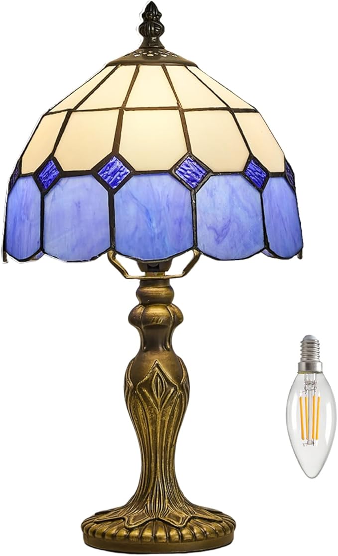 Tiffany-Style 8 Inch Table Lamp Mediterranean Series Stained Glass Lampshades Small Bedside Lamp Reading Antique Desk Light Livingroom Bedroom Office Vintage Art Deco Victorian(Color:Blue)