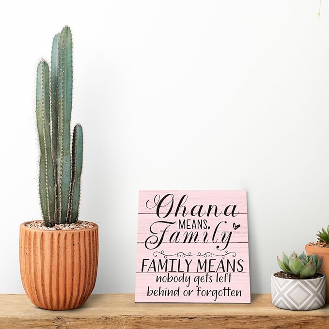 Family Wooden Plaque, “Family Means Nobody Gets Left Behind or Forgotten”, 6.2x6.2 Inch Table Art Sign, Farmhouse Quote Decor for Living Room or Home Tabletop G