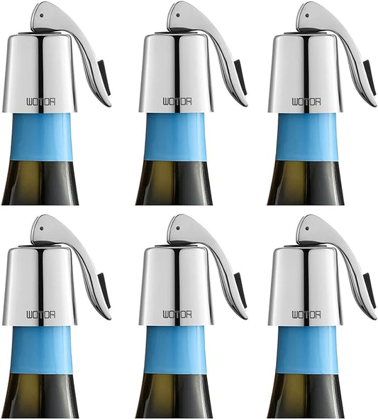 Wine Stoppers Stainless Steel Wine Bottle stopper Plug with Silicone Reusable Wine Saver Leak proof Keep Fresh Silver 6 pack