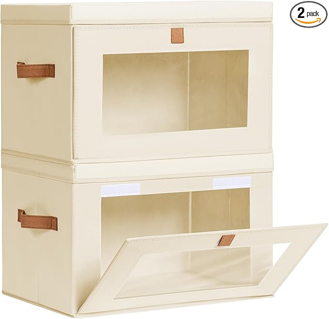 Large Closet Storage Organizer - Clothes Storage Bins with Handles & Window, Collapsible Decorative Boxes with Lids, Fabric Containers for Living Room, Dorm, 2 Pack, Beige