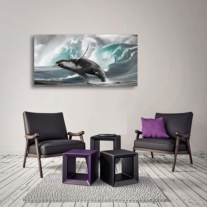Surging Waves Whale Pictures Canvas Wall Art For Living Room Bedroom Wall Decor,Surge Wall Art Print Paitnings for Home Decor,Morden Artwork Seascape Canvas Art Waterproof Ready to Hang-20X40Inches