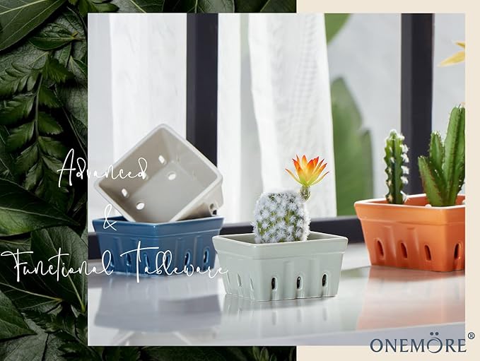 ONEMORE Ceramic Berry Basket, Rustic Stoneware Berry Bowls Colander, Square Fruit Bowls for Kitchen Décor Set of 4, 4.5 inch, Assorted Color