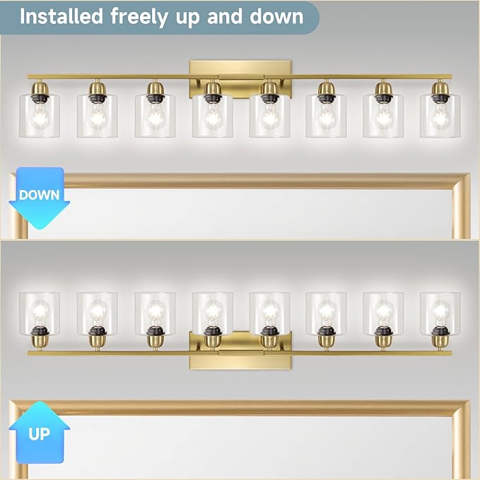 8 Light Bathroom Light Fixtures Gold, Brushed Gold Vanity Lights for Bathroom with Clear Glass, 51 inch Wall Sconce for Oversized Mirrors Living Room Bedroom Hallway E26 Base