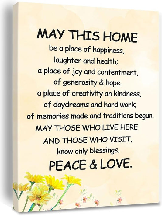 New Home Blessing Wall Art May This Home Be a Place of Happiness Canvas Print Quote Painting for Home Bless this Home Wall Decor Housewarming Gifts Framed 12 * 18 inch