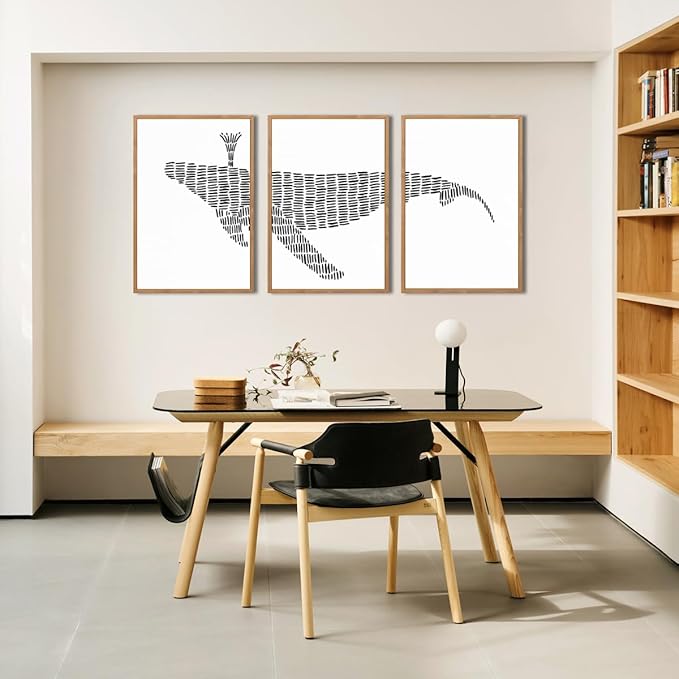 ANHUIB Large Abstract Wall Art Black and White Wall Decor 16x24 Inch Framed Minimalist Line Art Prints Whale Paintings Set of 3 for Living Room Bedroom Office