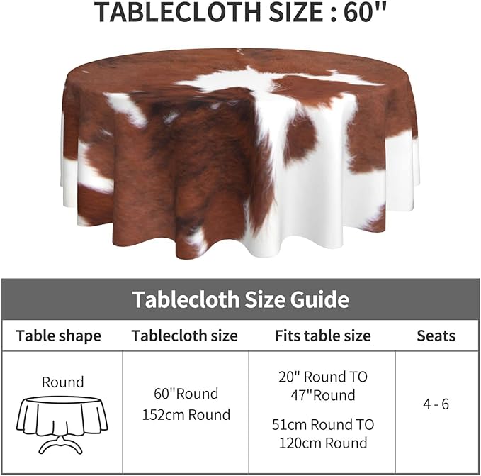 Cow Print Tablecloth Round 60 Inch Vinyl Spring Cowhide Table Cloths for Parties Waterproof Fabric Brown Animal Print Tablecloths Decorative for Holiday Home Party Wedding Picnic