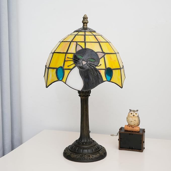 Small Tiffany Lamp Stained Glass Table Lamp Elegant Cute Retro Vintage Style White Black Cat Bedside Night Lamp for Nightstand Bedroom Home Decor Kitchen Counter Antique Living Room Office Fun Lamps