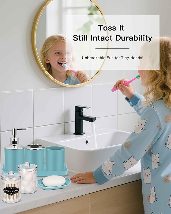 IMAVO Bathroom Accessories Set,Blue Bathroom Set,9 Pieces Bathroom Accessory Set,Tray,Qtip Holders,Toilet Brush,Trash Can for Bathroom Décor and Home Gifts