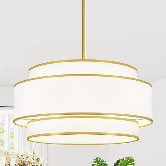 19.7''Drum Chandelier Dining Room Light Fixtures,3-Tier Modern White Fabric Chandelier Brushed Gold Pendant Lights Kitchen Island Lighting, Farmhouse Chandeliers for Living Room Foyer Staircase