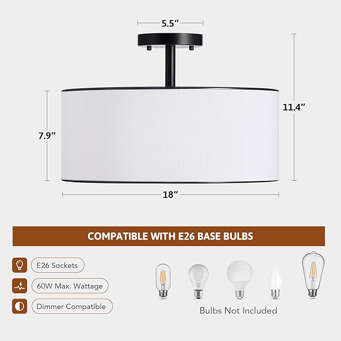 VONLUCE Semi Flush Mount Ceiling Light, 18" Ceiling Light Fixture with Diffused Shaped, Modern Light Fixture for Bedroom Living Room Entryway Hallway, White Shade & Black Finish