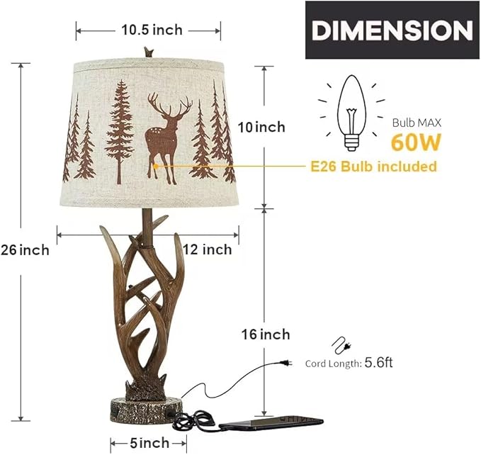 Dungoo 26" Touch Control Antler Table Lamps Set of 2, 3-Way Dimmable Rustic Lamp with 2 USB Ports, Natural Antler Lamp with Deer Forest Lampshade Farmhouse Lamps for Living Room Foyer