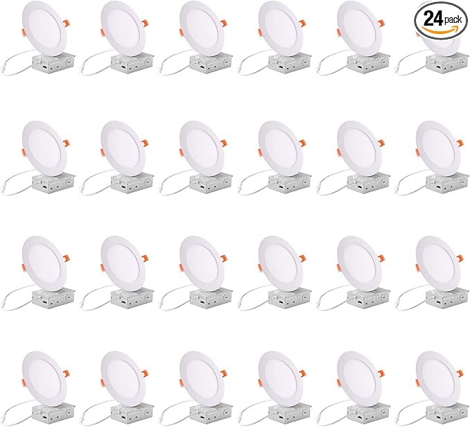 ZYC Recessed Lighting 6 Inch - 12W Ultra-Thin LED Ceiling Lights,2700-5000K Selectable,5CCT Dimmable Canless Wafer Downlight,1100LM Hight Brightness,Dimmable Can Light,Pack of 24 White.